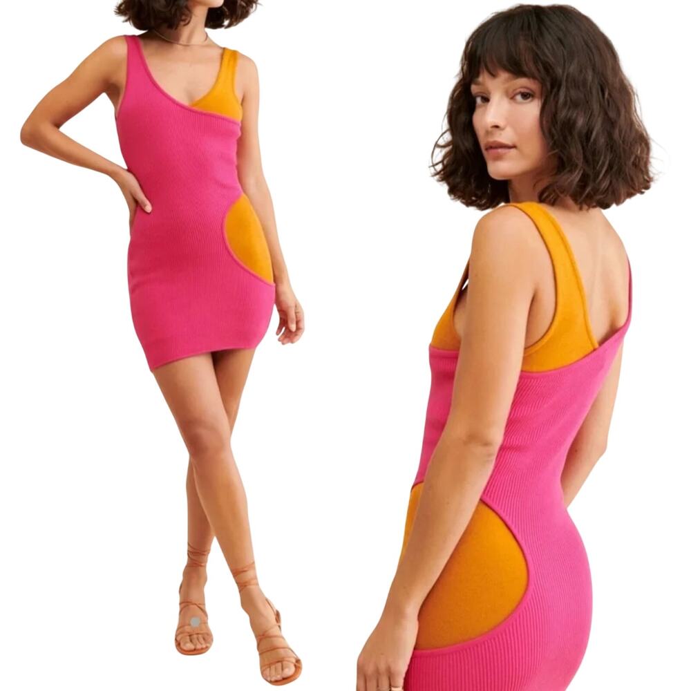 Free People Cotton Knit Mini Dress Layered Cut Out Ribbed Hot Pink Orange